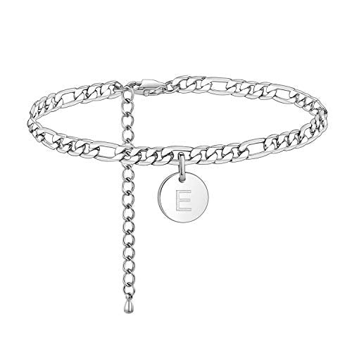 FOSIR 18k Gold Plated/Silver Tone Initial Anklets for Women, Surgical Stainless Steel Ankle Bracelets for Women Figaro Chain Anklet Beach Jewelry, Waterproof - style: E-silver