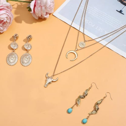 NEWITIN 15 Pieces Gold Bohemian Jewelry Set for Women Turquoise Jewelry Set | Costume Gold Jewelry, Western Jewelry, Belt Chain Necklaces Bracelets Rings Earrings Set for Women Party Daily, Women Gifts - color: Yellow