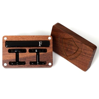 Mens Initial Cufflinks and Tie Clip A-Z Alphabet Letter Black Stainless Cuff Links Tie Bar with Engraved Walnut Wood Box Groom Groomsman Wedding Set - style: Classic-F