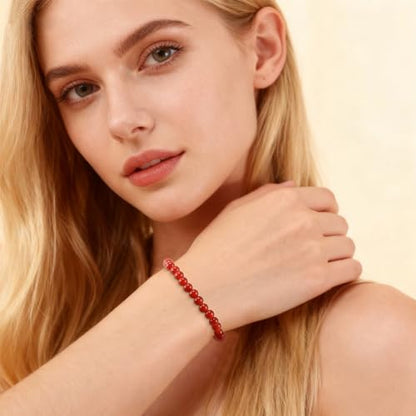 Agate Round Beaded Bracelet for Women Men Natural Agates Stone Healing Bracelets Stretch Elastic Handmade Polished Gemstone Beads Bracelet - color: Red, size: 6mm Beads