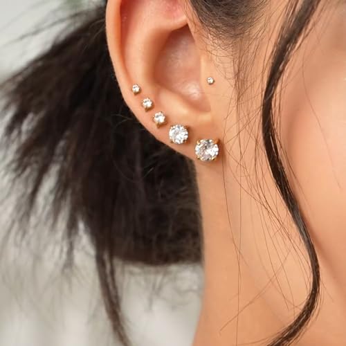 6 Pairs Stud Earrings for Women, 14K Gold Plated Hypoallergenic 316L Surgical Stainless Steel Earrings Studs Sets Cubic Zirconia Cartilage Earrings - color: Gold- 6 Pairs- 2 3 4 5 6 7mm