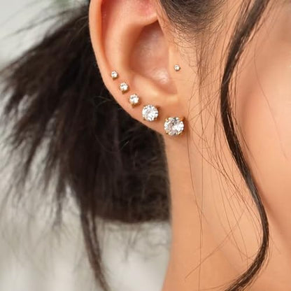 6 Pairs Stud Earrings for Women, 14K Gold Plated Hypoallergenic 316L Surgical Stainless Steel Earrings Studs Sets Cubic Zirconia Cartilage Earrings - color: Gold- 6 Pairs- 2 3 4 5 6 7mm