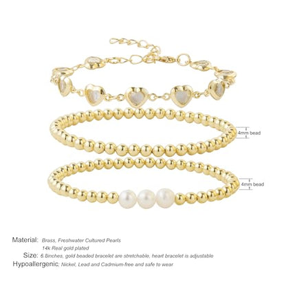 Dainty Gold Plated Pearl Crystal Beaded Bracelets Set for Women 14K Gold Plated Bead Pearl Beads Bracelet Stackable Paperclip Link Chain Bracelets Gold Plated Bracelets for Women Trendy Jewelry - color: Style8-gold beaded heart set