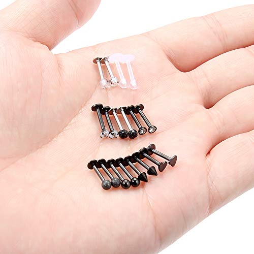 SCERRING 9 Pairs 16g Stainless Steel Clear Cubic Zirconia Labret Monroe Lip Tragus Cartilage Helix Earring Ring Body Piercing Jewelry 8mm - color: 9 Pairs - Black