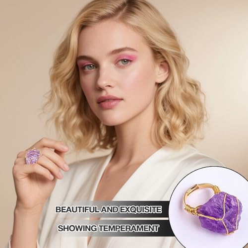 4 PCS Chakra Crystal Rings, Adjustable Wire Wound Healing Crystal Rings, Irregular Color Gemstone Statement Rings for Women