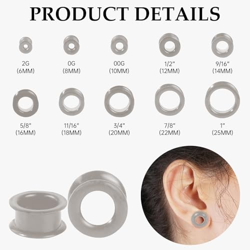 20Pcs Silicone Ear Gauges 2G-25mm Flexible Ear Tunnels Gauges Soft Expander Stretching Ear Plugs Tunnels Black Earring Piercings Jewelry for Men Women - color: Thick Grey Silicone