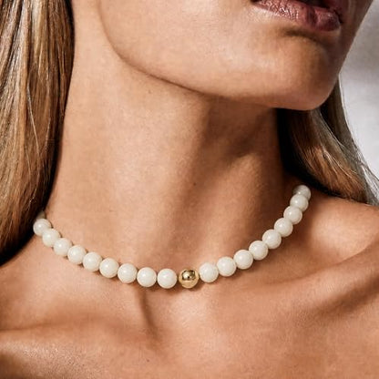 Multicolor Chunky Beaded Necklace, Statement Colorful Round Ball Beads Choker Necklace with Gold-Tone Adjustable Chain, Fashion Bold Neck Jewelry for Women - color: 16mm-Beige-2