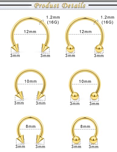 6PCS Septum Rings 18G Stainless Steel Nose Septum Ring Horseshoe Earring Eyebrow Lip Smiley Piercing Jewelry for Women Men Inner Diameter 8mm/10mm/12mm - color: goldtone,ball+spike closure