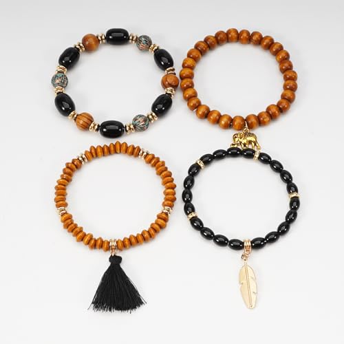 Boho Wooden Beads Bracelets Bohemian Bracelet Stack for Men Women Wood Beaded Bracelet Set - color: S