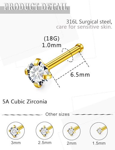 18G 20G 14K Gold Filled Nose Rings Studs Piercing Jewelry For Women Men 316L Surgical Steel Round Square Cubic Zirconia Nose Rings Studs Nostrial Piercing Jewelry CZ 1.5mm 2mm 2.5mm 3mm - color: 14K Gold Plated, size: 18 Gauge-Straight-Round CZ