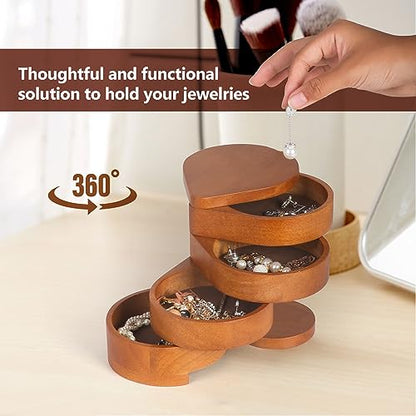 JSVER Portable Jewelry Organizer Wooden Jewelry Box, 4-Layer Rotatable Jewelry Holder, Travel Jewelry Organizer For Rings, Necklaces, Earrings, Bracelets