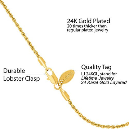 LIFETIME JEWELRY 1mm Rope Chain Bracelet for Women Men Teen 24k Real Gold Plated - color: Gold, size: 6.5 inches