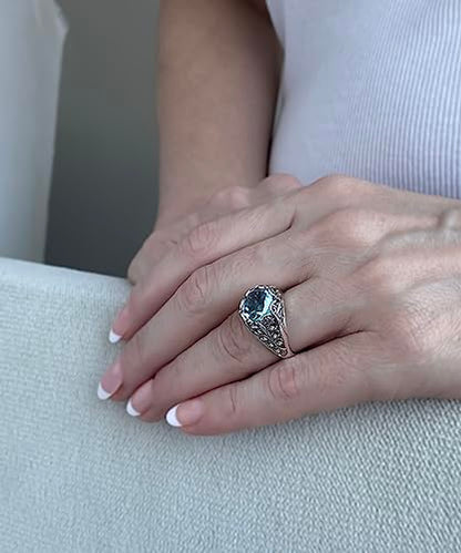 Filigranist 925 Sterling Silver Filigree Art Women Mini Dome Cocktail Ring with Gemstone, Gift Boxed - color: Blue Topaz