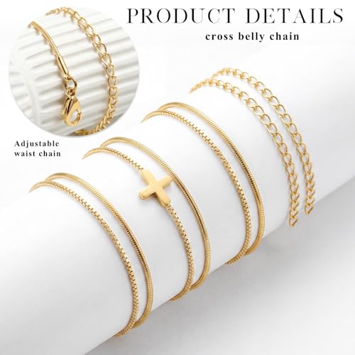 Cross Waist Chain, Women Layered Belly Chain, 2Pcs Minimalist Body chains for Causal Beach - color: Gold