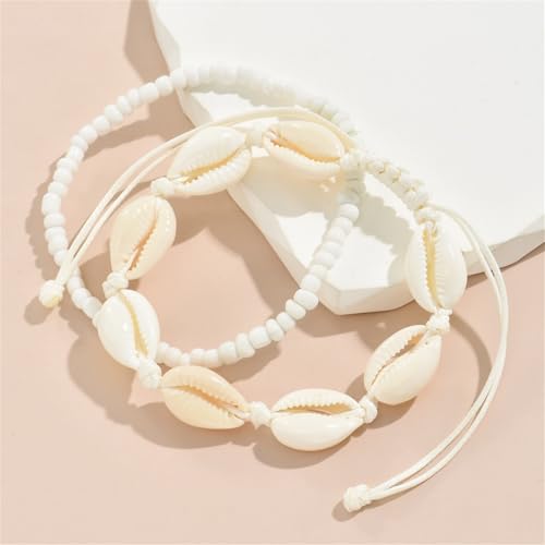 Shell Ankle Bracelet Set for Women,Boho Adjustable Beads Anklet Pack Natural White Shells Stack Stretch Seashell Pearl Starfish Bracelet Set Hawaiian Beach Vacation Foot Jewelry - style: J-Shell Beads