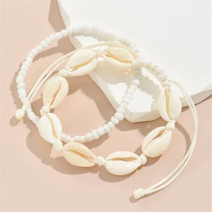Shell Ankle Bracelet Set for Women,Boho Adjustable Beads Anklet Pack Natural White Shells Stack Stretch Seashell Pearl Starfish Bracelet Set Hawaiian Beach Vacation Foot Jewelry - style: J-Shell Beads
