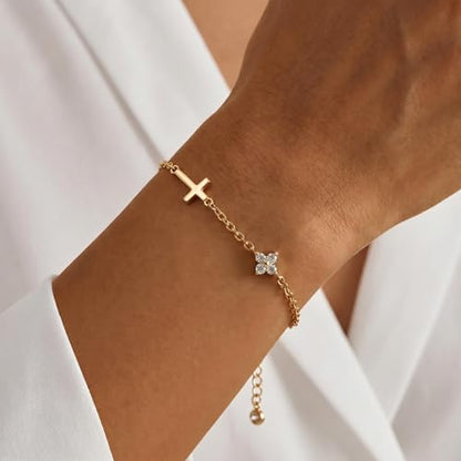 Bracelets for Women, Dainty Gold Silver Ring Bracelet Hand Chain | Cubic Zirconia Pearl Charms, 14K Gold Plated, Adjustable Fit, Trendy Stackable Link Chain, Waterproof Jewelry, Gift for Her - color: Gold-cross+clover charm bracelet