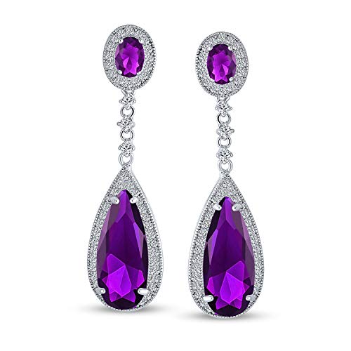 Long Cocktail CZ Halo Teardrop Chandelier Clip On Earrings Silver Plated - color: Purple