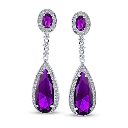 Long Cocktail CZ Halo Teardrop Chandelier Clip On Earrings Silver Plated - color: Purple