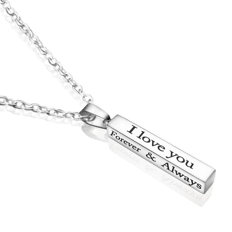 Minimalist Vertical Bar Necklace - Engraved I Love You Forever & Always Stainless Steel Pendant Necklace for Couples, Anniversary Birthday Gift Jewelry (Gold/Silver/Black)