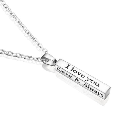 Minimalist Vertical Bar Necklace - Engraved I Love You Forever & Always Stainless Steel Pendant Necklace for Couples, Anniversary Birthday Gift Jewelry (Gold/Silver/Black)