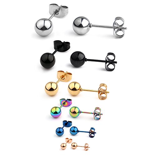 20G Stainless Steel Ball Stud Earrings for Men Women Round 3-8mm 6Pairs - color: 6Pairs - Mix Color