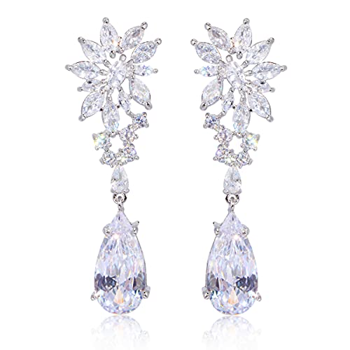 CZ Bridal Earrings for Wedding - 14k Plated Sterling Silver Elegant Teardrop Cubic Zirconia Crystal Rhinestone Floarl Leaf Cluster Chandelier Statement Dangle Drop Earrings for Bride Bridesmaids Party - color: Silver Tone