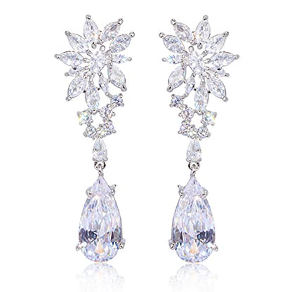 CZ Bridal Earrings for Wedding - 14k Plated Sterling Silver Elegant Teardrop Cubic Zirconia Crystal Rhinestone Floarl Leaf Cluster Chandelier Statement Dangle Drop Earrings for Bride Bridesmaids Party - color: Silver Tone