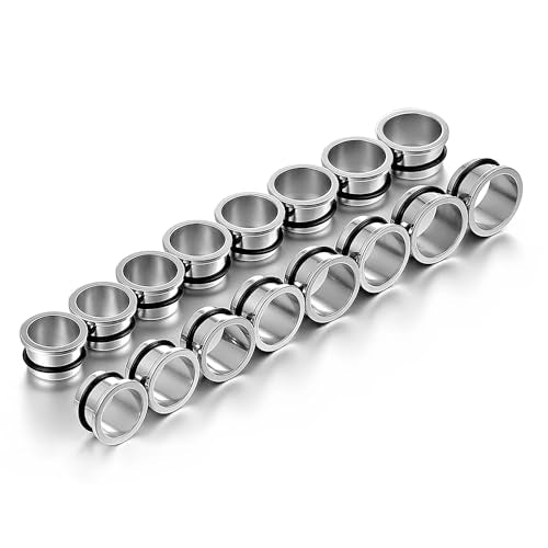 Casvort 22 PCS/16 PCS Hypoallergenic 18G-1'' Comfy Dead Stretching Plugs in 0.5mm Increments Saddle Plugs with Rubber Rings 316 Surgical Stainless Steel Crazy Ear Gauges Body Piercing Jewelry - color: Silver Tunnel 18.5-22mm 16PCS