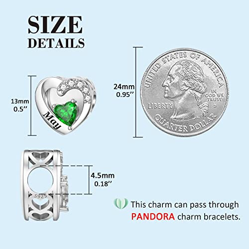 SEVENWELL Jan-Dec Birthstone Charms for Pandora Bracelets, Heart Charm | Fits Most European Charm Bracelets, Sparkling Heart CZ, Birth Flower Engraved, Gift Ready, Nickel-Free - color: May Birthstone Charm