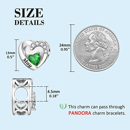 SEVENWELL Jan-Dec Birthstone Charms for Pandora Bracelets, Heart Charm | Fits Most European Charm Bracelets, Sparkling Heart CZ, Birth Flower Engraved, Gift Ready, Nickel-Free - color: May Birthstone Charm