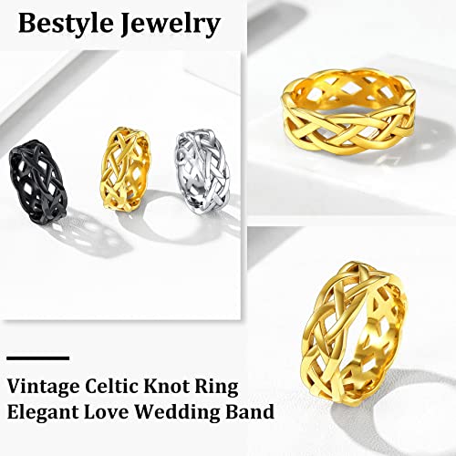 Bestyle Celtic Knot Band Rings for Men Women, Stainless Steel Irish Finger Ring Viking Wedding Bands Jewelry Gift Wedding Promise Gold Silver Black - color: 02. Gold- Celtic Knot Pattern