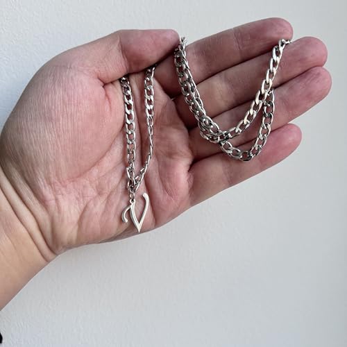Stainless Steel Initial A-Z Necklace for Men Women,Cuban Chain,Titanium Steel Initial Letter Pendant Charm Necklaces Accessories Jewelry for Woman Man,21 Inch Chain - color: V