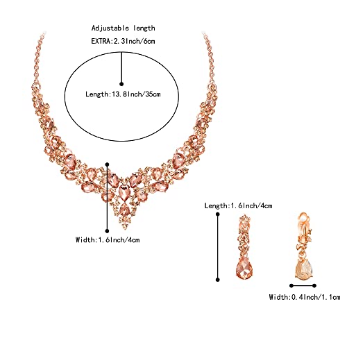 Wedding Statement Necklace Clip-on Earrings Jewelry Set | Sparkling Austrian Crystal Teardrop Cluster for Party Prom Accessories - color: 09-Peach Rose-Gold-Tone