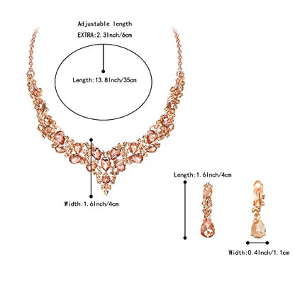 Wedding Statement Necklace Clip-on Earrings Jewelry Set | Sparkling Austrian Crystal Teardrop Cluster for Party Prom Accessories - color: 09-Peach Rose-Gold-Tone