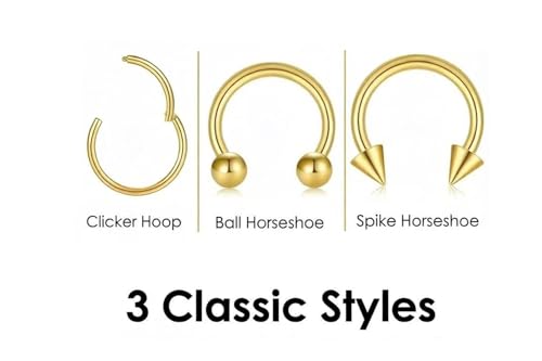 KREZIP 12 PCS 16G Hinged Segment Septum Rings Surgical Steel Horseshoe Piercing Rings Eyebrow Lip Cartilage Helix Tragus Earrings Piercing Jewelry for Women Men 6/8/10/12MM Gold Plated/Silver - style: 16G 6/8/10/12mm-Gold