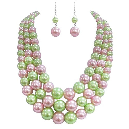 Rosemarie & Jubalee Women's 3 Colorful Multi Strands Simulated Pearl Necklace And Earrings Jewelry Gift Set, 18"+3" Extender - color: Light Green Light Pink Mix Silver Tone - Double Ball Earring