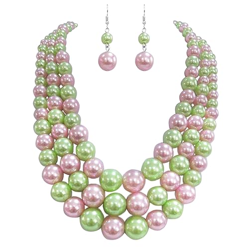 Rosemarie & Jubalee Women's 3 Colorful Multi Strands Simulated Pearl Necklace And Earrings Jewelry Gift Set, 18"+3" Extender - color: Light Green Light Pink Mix Silver Tone - Double Ball Earring