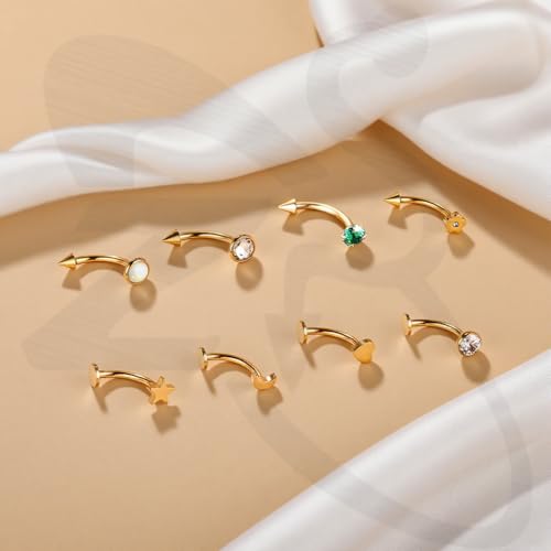 ZS 8Pcs 16G Eyebrow Piercing Jewelry Spike Eyebrow Ring, Stainless Steel Curved Barbell Flat Back Lip Stud Daith Rook Piercing for Women Men 8mm 10mm - color: Gold, size: L:8mm