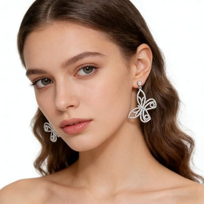 Rhinestone Earrings Dangling for Women Sparkly Silver Dangle Earrings Girls Long Chandelier Earrings Tassel Lightweight Ear Studs Cubic Zirconia (KE001S-W) - color: Bow Butterfly 516305S-W