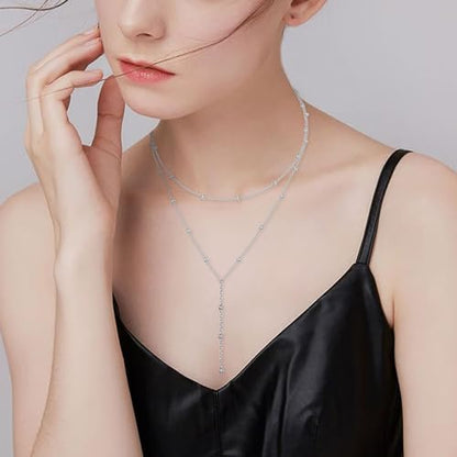FLYOW Layered Necklace S925 Sterling Silver Y Shaped Jewelry - style: Beads Style