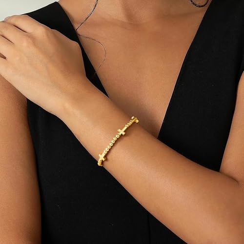 M MOOHAM Gold Beaded Charm Bracelets for Women Girls Non Tarnish | 14K Gold Plated, Dainty CZ Heart Smile Face Cross Charm Stretch Bead Bracelet for Women Teenage Teen Girls - color: Cross