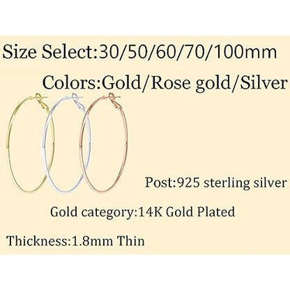 Cocadant Big Gold Hoop Earrings for Women Girls,Dainty 14k Gold Hypoallergenic Rose Gold Silver Hoop Earrings with 925 Sterling Silver Post,Stainless Steel Large Hoop Earrings - style: 30mm-Gold,Silver and Rose gold