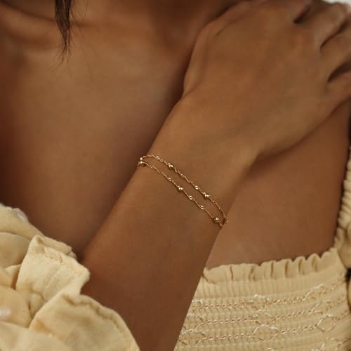 SLOONG 14K Gold Plated Pearl Bracelets for Women Trendy | Dainty Stackable Layered Chain Bridesmaid Bracelets, Waterproof Wedding Jewelry for Women Adjustable 6"+2" - color: Style7(Ripple Chain)