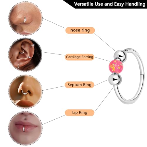 Thiswhyimbeauty 2PCS 18g Opal Nose Rings for Women Nose Hoops 8mm/10mm Hypoallergenic 316L Surgical Steel Nose Rings Piercing Jewelry Can Be Used as a Nose Ring, Septum Ring, and Cartilage Earring - color: A-Silver Pink opal
