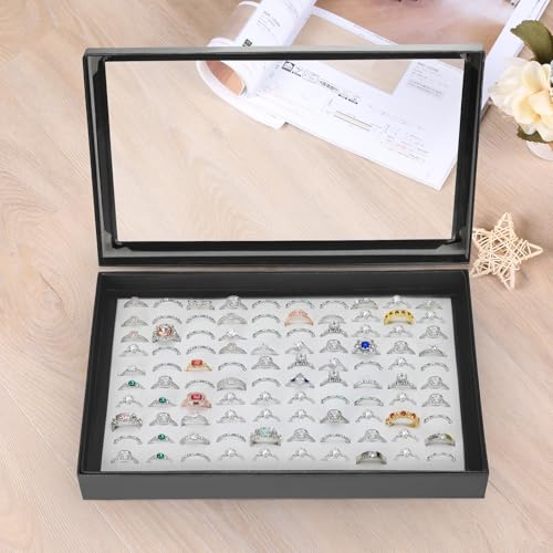 KUKUVR 100 Slots Ring Earring Holder Display Case (Black+White) | Velvet, Clear Lid, Ring Earring Storage Organizer Box Tray, for Women and Selling Show - color: Black+White