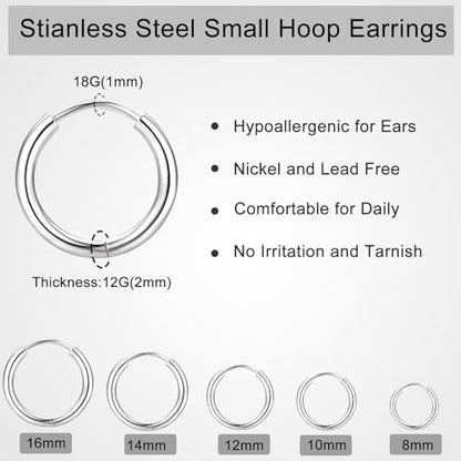 ONESING 10 Pairs Mens Hoop Earrings Stainless Steel Silver/Black Mens Earrings Hoop Hypoallergenic Huggie Hoop Earrings for Men Women Multiple Piercings 8mm/10mm/12mm/14mm/16mm - color: Silver