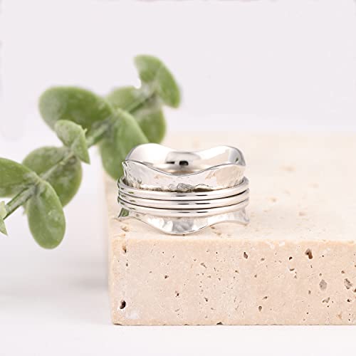 925 Sterling Silver Anxiety Ring with Beads Fidget Spinning Rings for Women Worry Beads Rings - color: hammered design D