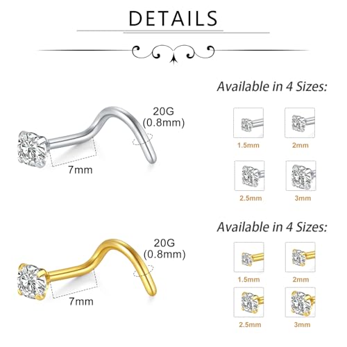 Incaton 20G Stainless Steel Nose Rings for Women Nose Rings Hoops L Shaped Nose Studs Screw Nose Piercing Jewelry for Women Men Silver Rose Gold Black Rainbow - color: 8P SCREWS GOLD + SILVER