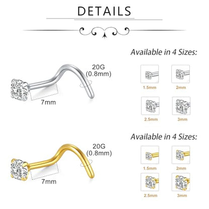 Incaton 20G Stainless Steel Nose Rings for Women Nose Rings Hoops L Shaped Nose Studs Screw Nose Piercing Jewelry for Women Men Silver Rose Gold Black Rainbow - color: 8P SCREWS GOLD + SILVER